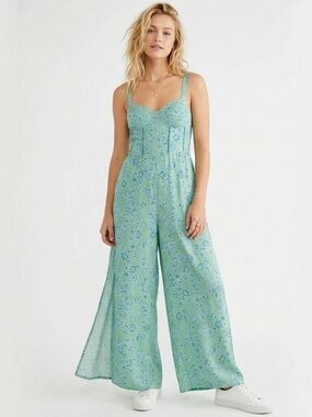 Free People / Band of the Free Blue & Mint Green Split Thigh Jumpsuit